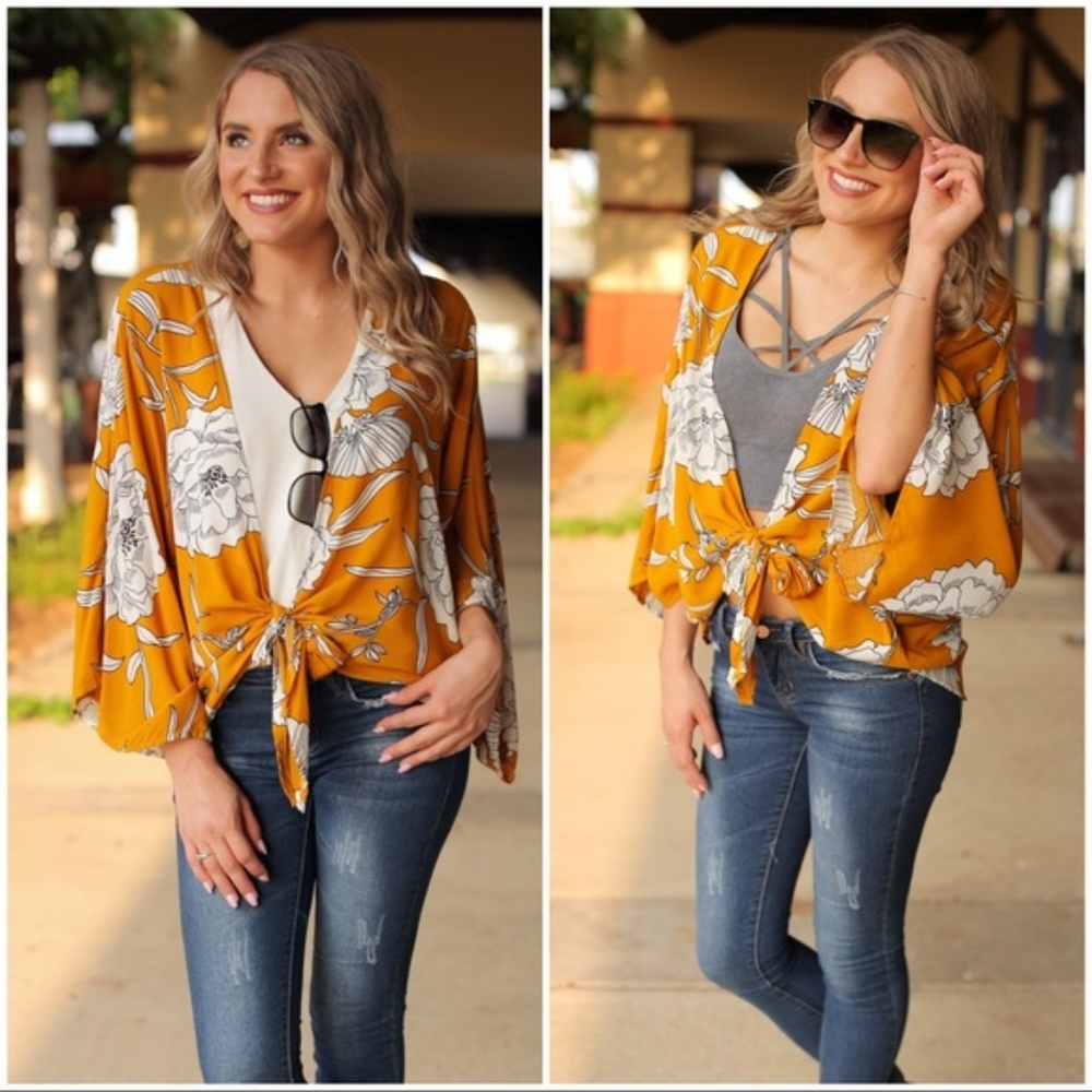 LAST ONE! Mustard Floral Tie Front Tunic - Picture 3 of 4